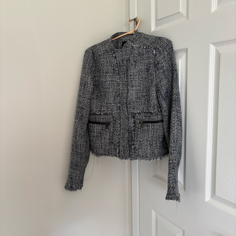 Banana Republic Navy and White Tweed Fringe Zip Jacket